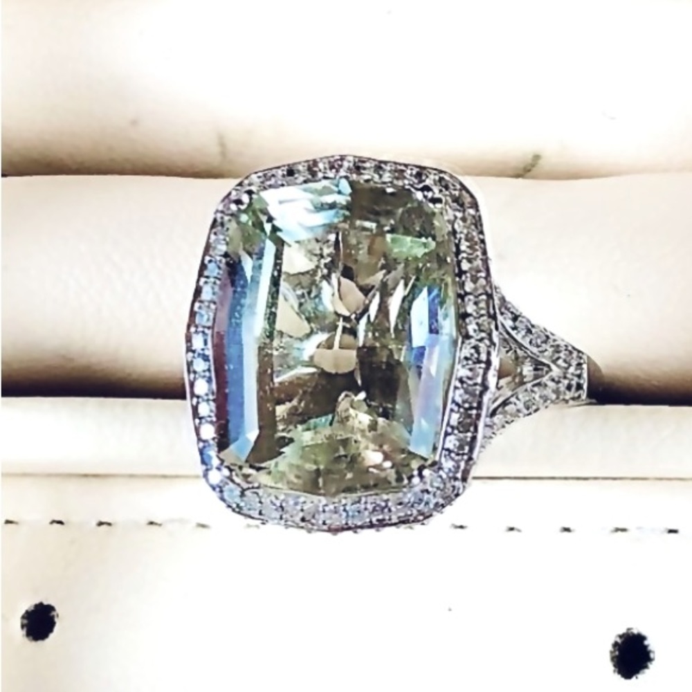 EFFY >6tcw Green Quartz & Diamond Halo Ring 14kt White Gold Rare Find EUC